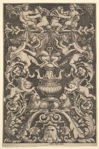 Een paneel van ornament met putti, geit en andere figuren door Master of the Die