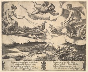 Allegorie van Huwelijk en Liefde, Juno in een wagen getrokken door pauwen links, Venus in een..., 1530-60
