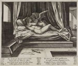 Cupido in de armen van Psyche door Master of the Die