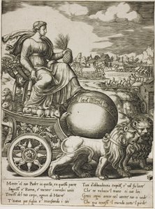 Cybele in haar wagen door Master of the Die