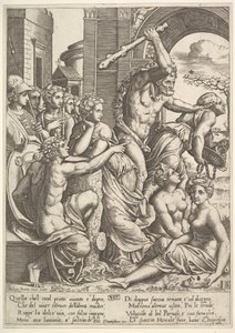 Afgunst of Hebzucht aan de rechterkant wordt uit de tempel van de Muzen verdreven door Hercules die ..., 1530-60 door Master of the Die