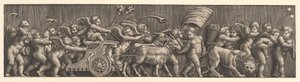 Fries arrangement dat de triomf van de liefde uitbeeldt, Cupido in een wagen getrokken door geiten, man, 1530-60 door Master of the Die