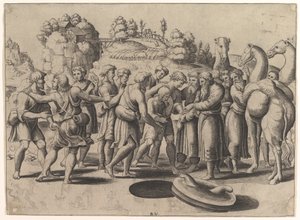 Jozef in het midden wordt verkocht door zijn broers die boven een put staan, kamelen rechts, 1533 door Master of the Die