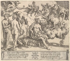 Jupiter valt uit een door paarden getrokken wagen, Ganymedes in de vorm van een adelaar door Master of the Die