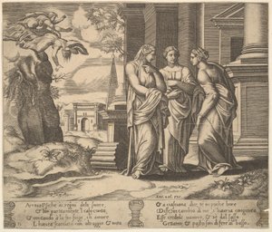 Psyche vertelt haar zusters over haar tegenslagen, uit De Fabel van Psyche, 1530-60