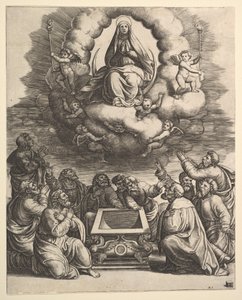 De Tenhemelopneming van de Maagd, onder de apostelen omringen het graf door Master of the Die