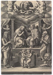 De Kroning van de Maagd, linksonder staat Johannes de Doper, rechtsonder..., 1530-60 door Master of the Die