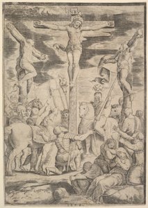 De bekering van de Centurion die zijn armen opent voor Christus aan het kruis, 1532 door Master of the Die