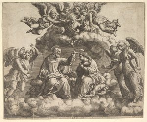 De kroning van de Maagd, Christus houdt de kroon boven haar hoofd, God de Vader zegent..., 1532