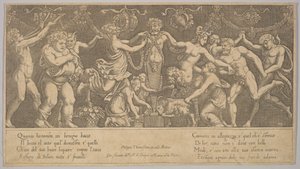 Het offer aan Priapus die in de vorm van een standbeeld in het midden staat, Bacchus en een sa..., 1530-60 door Master of the Die