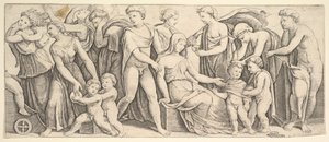 Het huwelijk van Jason en Creusa, links neemt Medea haar kinderen mee, 1530-60 door Master of the Die