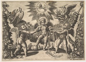 Twee putti presenteren bekers vol goud aan een putto in de gedaante van de god van de rijkdom