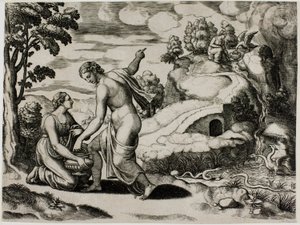 Venus beveelt Psyche om water te halen uit een fontein bewaakt door draken door Master of the Die