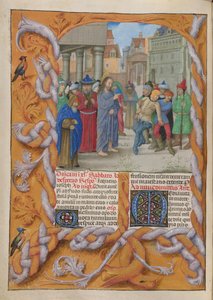Temporale (1e deel: van Eerste Zondag van Advent tot Stille Zaterdag). Christus verdrijft een stomme duivel (Derde Zondag van de Vasten). Rand en twee kolommen tekst, met initialen. door Master of the Dresden Prayer Books