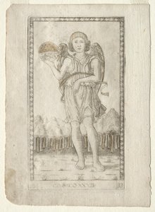 Genius van de Wereld uit de Tarocchi, serie B: Kosmische Principes & Deugden, #33, voor 1467 door Master of the E Series Tarocchi