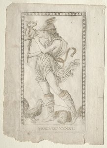 Mercurius uit de Tarocchi, serie A: Firmamenten van het universum, #42, voor 1467 door Master of the E Series Tarocchi