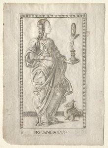 Voorzichtigheid uit de Tarocchi, serie B: Kosmische principes & deugden, #35, voor 1467 door Master of the E Series Tarocchi