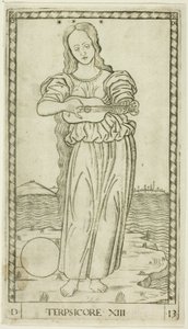 Terpsichore, plaat dertien uit Apollo en de Muzen door Master of the E Series Tarocchi