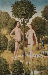 Adam en Eva in de Hof van Eden door Master of the Embroidered Foliage