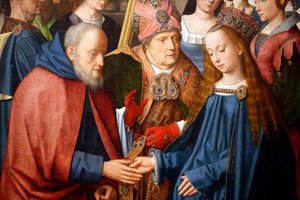 Evora Museum. Meester van het Evora altaarstuk. Het huwelijk van de Maagd en Jozef. Vlaamse school 1500. Portugal.