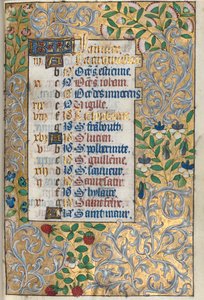 Getijdenboek Gebruik van Rouen: fol. 1r, Uitgebreide Gebladerde Rand door Master of the Geneva Latini