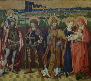 St. Anna, de Maagd en Kind, St. Christoffel, St. Gereon en St. Petrus in een landschap, met uitzicht op Keulen en de Zeven Heuvels, ca.1460-80