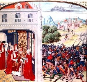Wijding van Paus Gregorius IX in Avignon Frankrijk (pontificaat in 1227-1241) door Jean Froissart (perkament)