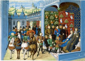 Koning Karel VI van Frankrijk ontvangt de Engelse gezanten. Uit de Jean Froissarts Kronieken door Master of the Harley Froissart