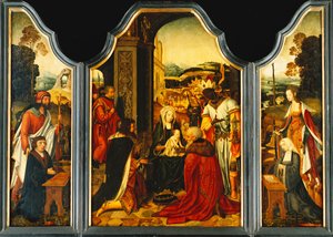 Drieluik: Aanbidding der Wijzen, met St. Jacobus die de schenker presenteert en St. Catharina van Alexandrië die de vrouw en twee dochters van de schenker presenteert