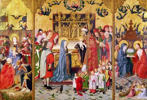 Altaarstuk van de Zeven Vreugden van de Maagd, met de Aanbidding der Wijzen, de Presentatie in de Tempel en Christus die aan Maria verschijnt, c.1480 door Master of the Holy Family