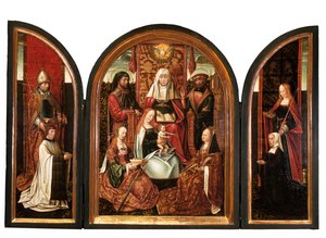 Een Kanunnik met St. Livinus (linkervleugel), De Familie van St. Anna (middenpaneel), Donor met St. Elizabeth (rechtervleugel), De Aankondiging (gesloten) ca. 1500-10 door Master of the Holy Family of St. Anne