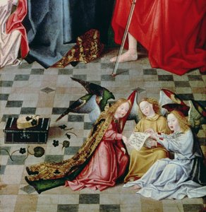 De Zeven Vreugden van de Maagd Altaarstuk: drie zingende engelen, c.1480 (detail) door Master of the Holy Parent
