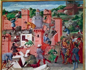 De bouw van de stad Rome. Tweeling Romulus en Remus bezoeken de locatie. De arbeiders zijn actief aan het werk door Master of the Innocent III missal