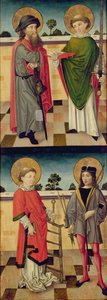 Boven: St. Jacob als pelgrim en St. Matthew met een boek en een zwaard; Onder: St. Lawrence met een rooster en St. Sebastian met een boog en pijl, achterkant van een paneel van een altaarstuk