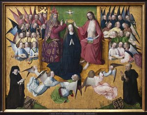 De kroning van Maria. Representatie van de Heilige Drie-eenheid: God, Jezus Christus en de duif van de Heilige Geest door Master of the Lyversberg Passion