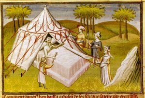 De Mongoolse leider Dzjengis Khan op zijn sterfbed geeft zijn laatste aanbevelingen aan zijn zonen, ca. 1410 (miniatuur) door Master of the Mazarine