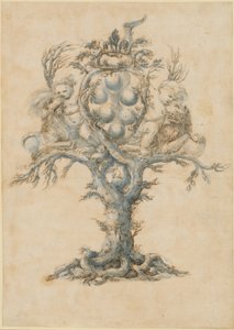 Een wijnkaraf met leeuwen en putti door Master of the Medici Banquet Decanters