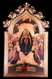 Madonna in een mandorla met muziek makende engelen door Master of the Osservanza