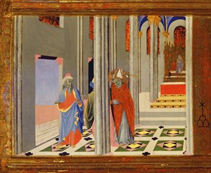 St. Ambrosius weigert de Romeinse keizer Theodosius I de Grote toegang tot de kerk in Milaan, 1436 tempera op paneel (detail) door Master of the Osservanza