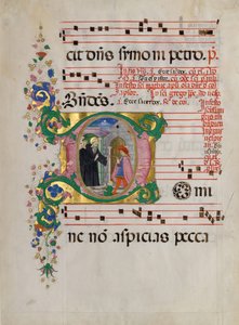 Manuscriptblad met Sint Benedictus die een jongen tot leven wekt in een initiaal D, uit een antifonarium door Master of the Riccardiana Lactantius