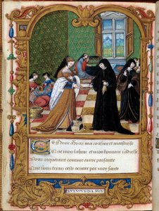 Margarita van Angoulême (1492-1549) koningin van Navarra presenteert haar boek aan de hertogin van Étampes en favoriet van François I Anne Pisseleu door Master of the Rohan Hours