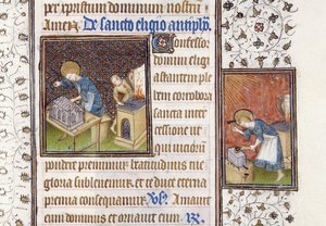 Ms 62 f.215r St. Eligius maakt een schrijn; St. Eligius bij een aambeeld, uit een getijdenboek door Master of the Rohan Hours