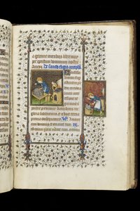 Ms 62 f.215r St. Eligius maakt een schrijn; St. Eligius bij een aambeeld, uit een Getijdenboek, ca. 1445-50 (perkament) door Master of the Rohan Hours