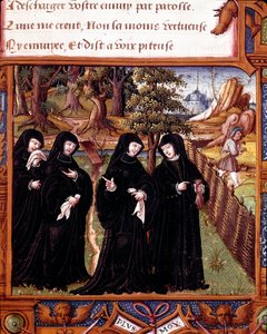 Voorstelling van de koningin van Navarra Margarita van Angoulême die met haar metgezellen praat. Pagina uit het manuscript 