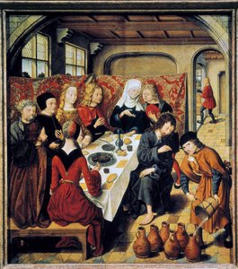 ""Les noces de Cana"" Schilderij van de meester van het altaar van Sint Barthelemy (16e eeuw) (ec.flam.) Laeken. Koninklijke Musea voor Schone Kunsten door Master of the Saint Bartholomew Altarpiece