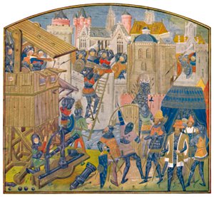 Belegeringstrein, vijftiende eeuw MS. Roy. 14 E. iv. door Master of the Vienna and Copenhagen