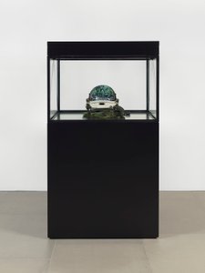 Alpha Omega, 2016 (Glas, LCD-scherm, mediaspeler, replica schedel, ruimtehelm, hout)