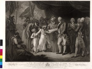 De zonen van sultan Tipu overhandigen Lord Cornwallis als gijzelaar