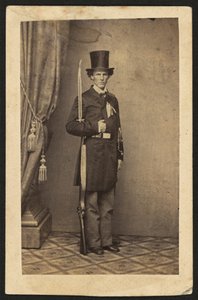 James Henry Lane (1814-1866), politicus en leider van de Free State Party van Kansas, portret in volle lengte, met geweer (sepia foto) door Mathew B. Brady