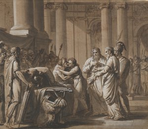 Scène uit de Romeinse geschiedenis, een jongeling ontvangt wapenrusting van een stervende